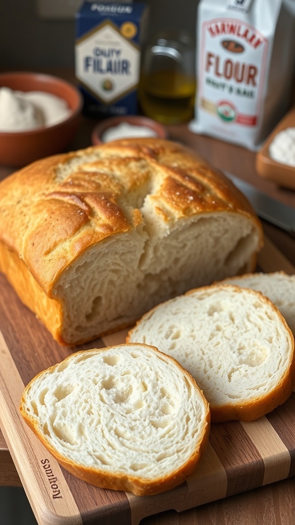 A loaf of homemade sandwich bread sliced on a cutting board, showcasing its fluffy texture and golden crust.